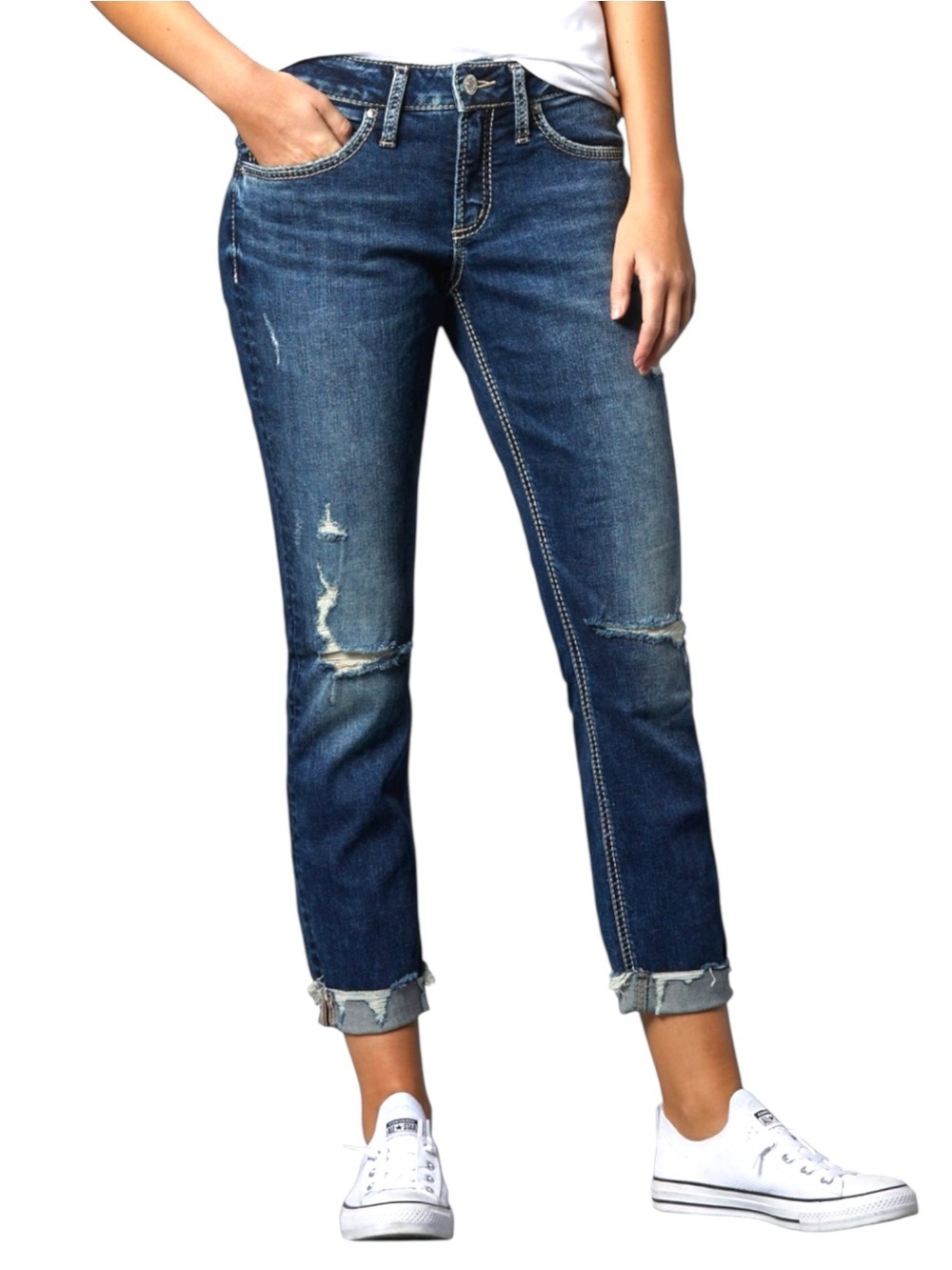 Silver Jeans Boyfriend Mid Rise Slim Distressed Raw Hem Jeans W34 L27
